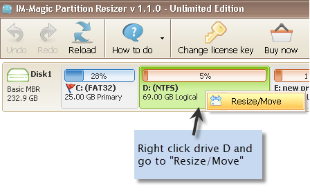 shrink partition to free space