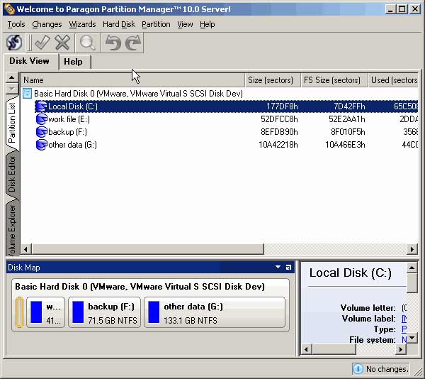 paragon partition manager server main screen