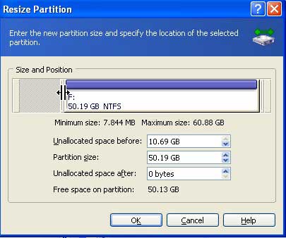 resize F to shrink to produce 10g unallocated space