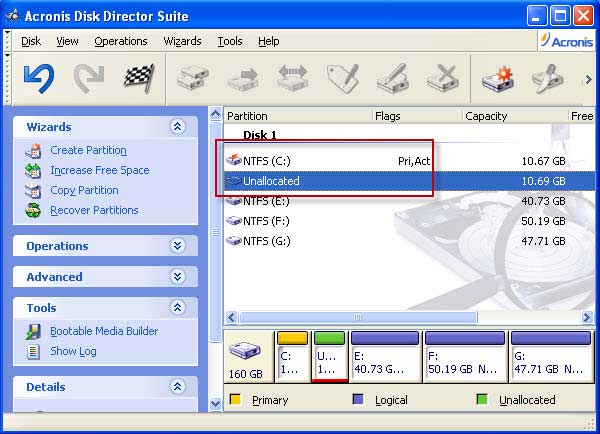 unallocated space is next to C drive